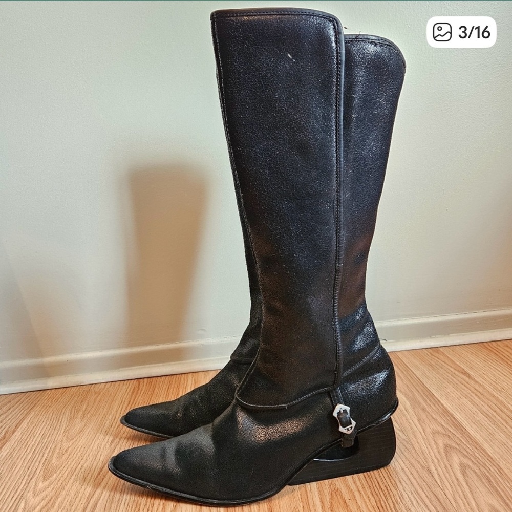 Diesel Women's Dujour Leather Pointed Toe Mid Calf Black Moto Boots Size US 7.5
